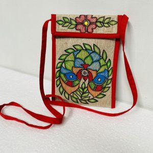Mithila/Madhubani Hand Painted Juco Cotton Cloth Shoulder/Sling Mobile Bag/Pouch