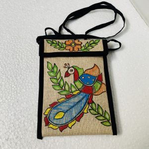 Mithila/Madhubani Hand Painted Juco Cotton Cloth Shoulder/Sling Mobile Bag/Pouch