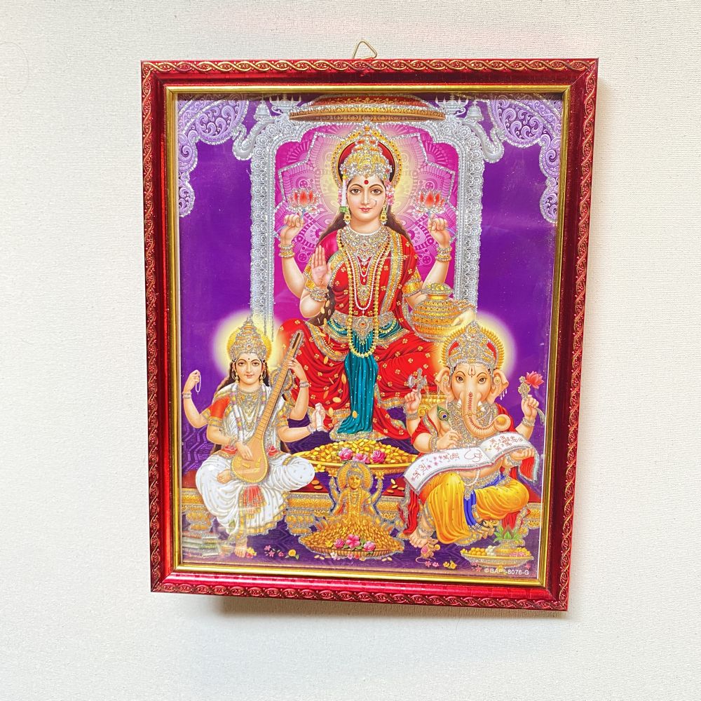 Laxmi Ganesh & Saraswati Religious Frame | Laxmi Ganesh & Saraswati Photo Frame | God Photo Frame | For Diwali Pooja Religious Frame - Image 2