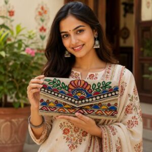 Madhubani Hand Painted Juco Pouches | Mithila Art Ethnic Clutch | Traditional Mithila Hand Purse/Pouch
