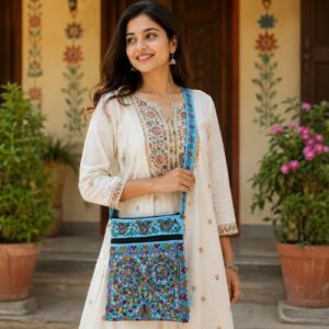 Hand-Painted Madhubani Cotton Shoulder Bag with Two Pockets | Handmade Mithila Art Bag