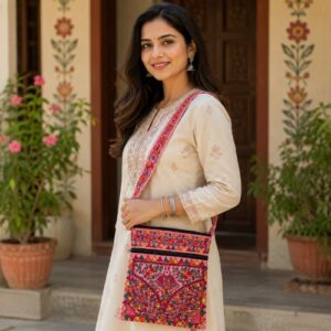 Hand-Painted Madhubani Cotton Shoulder Bag with Two Pockets | Handmade Mithila Art Bag