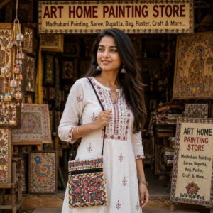 Hand painted Madhubani Sling Bag | Madhubani Folk Art Sling Bag | Madhubani Shoulder Mobile bag