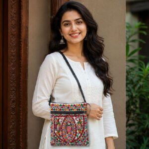 Hand painted Madhubani Sling Bag | Madhubani Folk Art Sling Bag | Madhubani Shoulder Mobile bag