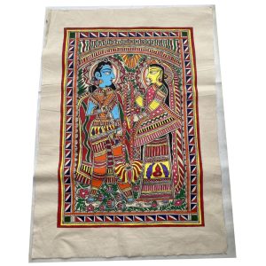 Hand-painted Sita Swayamvar Madhubani painting on cotton Ram and Sita Swayamvar in traditional Mithila art Madhubani painting of Lord Rama breaking Shiva's bow Handmade Ramayana folk art on cotton Authentic Bihar Madhubani wall art