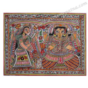 Hand-painted Lakshmi Ganesh Madhubani painting on cotton fabric Traditional Mithila painting of Goddess Lakshmi and Lord Ganesha Handmade Madhubani folk art on cotton Spiritual Indian wall art featuring Lakshmi and Ganesha Authentic Bihar Madhubani painting