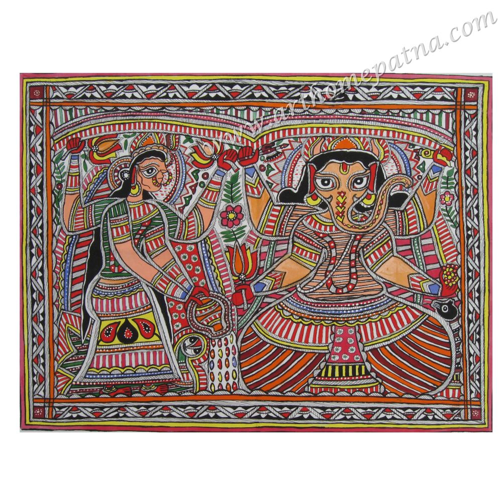 Hand-painted Lakshmi Ganesh Madhubani painting on cotton fabric Traditional Mithila painting of Goddess Lakshmi and Lord Ganesha Handmade Madhubani folk art on cotton Spiritual Indian wall art featuring Lakshmi and Ganesha Authentic Bihar Madhubani painting