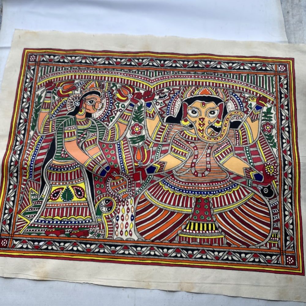 Hand-Painted Lakshmi Ganesh Madhubani Painting on Cotton | Traditional Mithila Folk Art - Image 2