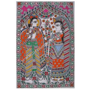 Hand-painted Sita Swayamvar Madhubani painting on cotton Ram and Sita Swayamvar in traditional Mithila art Madhubani painting of Lord Rama breaking Shiva's bow Handmade Ramayana folk art on Handmade Paper Authentic Bihar Madhubani wall art