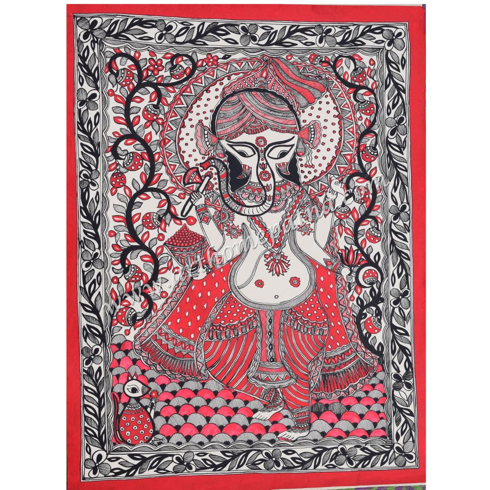 Hand-painted Lord Ganesha Madhubani painting on handmade paper Traditional Mithila painting of Lord Ganesha Handmade Madhubani folk art on handmade paper Spiritual Indian wall art featuring Lord Ganesha Authentic Bihar Madhubani artwork