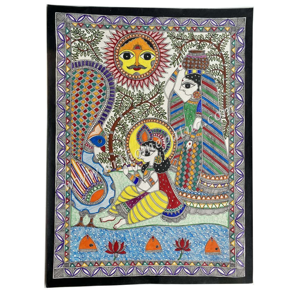 Hand-painted Radha Krishna Madhubani painting Traditional Mithila painting of Radha and Krishna Handmade Indian folk art featuring Radha Krishna Authentic Bihar Madhubani wall art Spiritual Radha Krishna painting