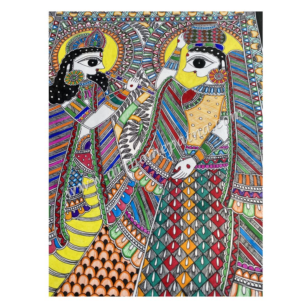 Hand-Painted Radha Krishna Madhubani Painting | Authentic Mithila Folk Art - Image 3
