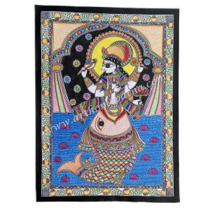 Hand-painted Matsya Avatar Madhubani painting Traditional Mithila painting of Lord Vishnu's Matsya Avatar Handmade Madhubani folk art featuring Matsya Avatar Authentic Bihar Madhubani wall art Indian folk painting of Lord Vishnu's first avatar