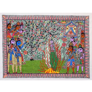 Hand-painted Madhubani painting of Sita's Trial by Fire Sita Agni Pariksha in traditional Mithila art Ramayana scene in Madhubani painting Handmade Indian folk painting depicting Sita Agni Pariksha Authentic Bihar Madhubani artwork