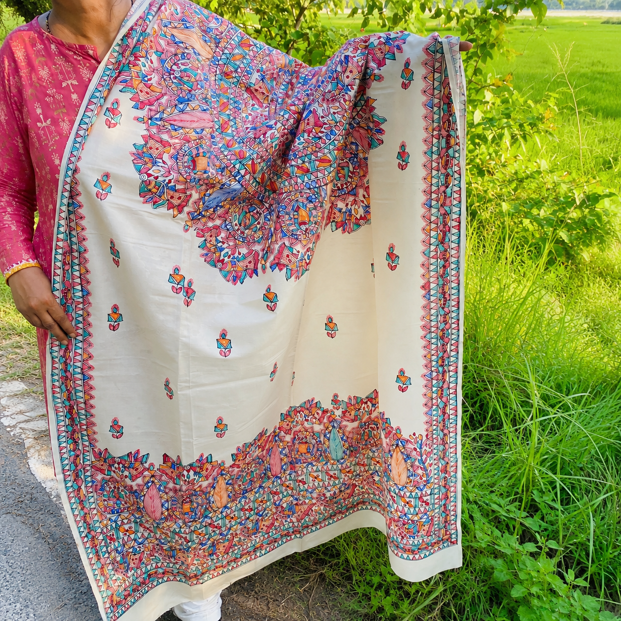 Madhubani hand Painted Silk Dupatta