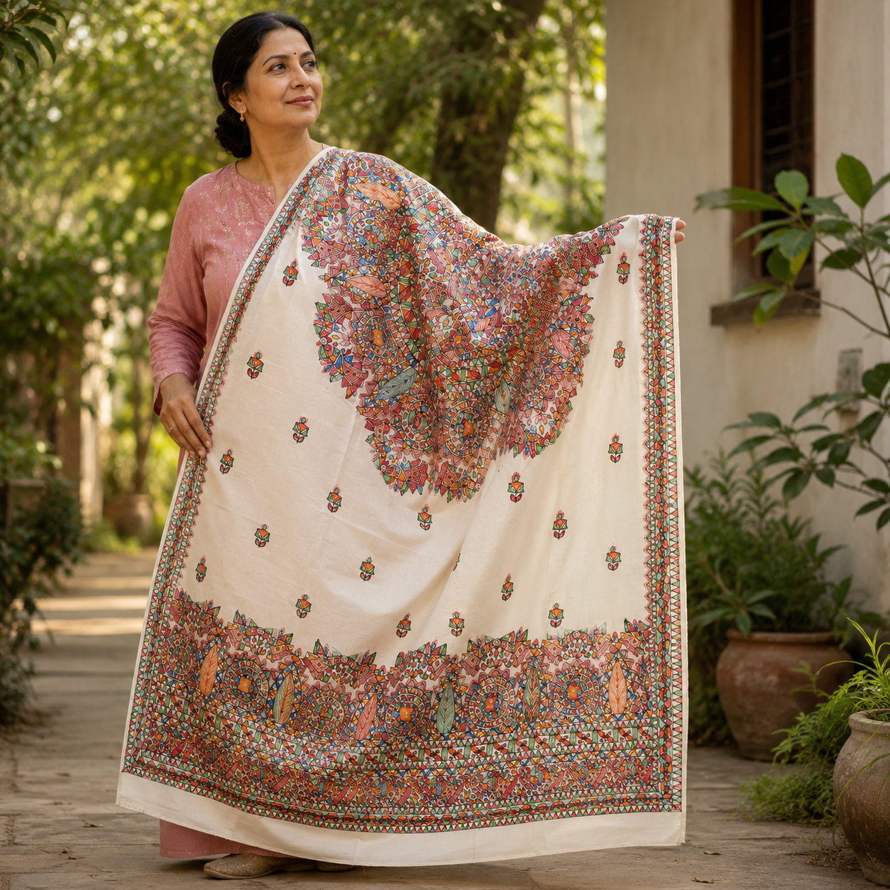 Madhubani hand Painted Silk Dupatta - Image 4