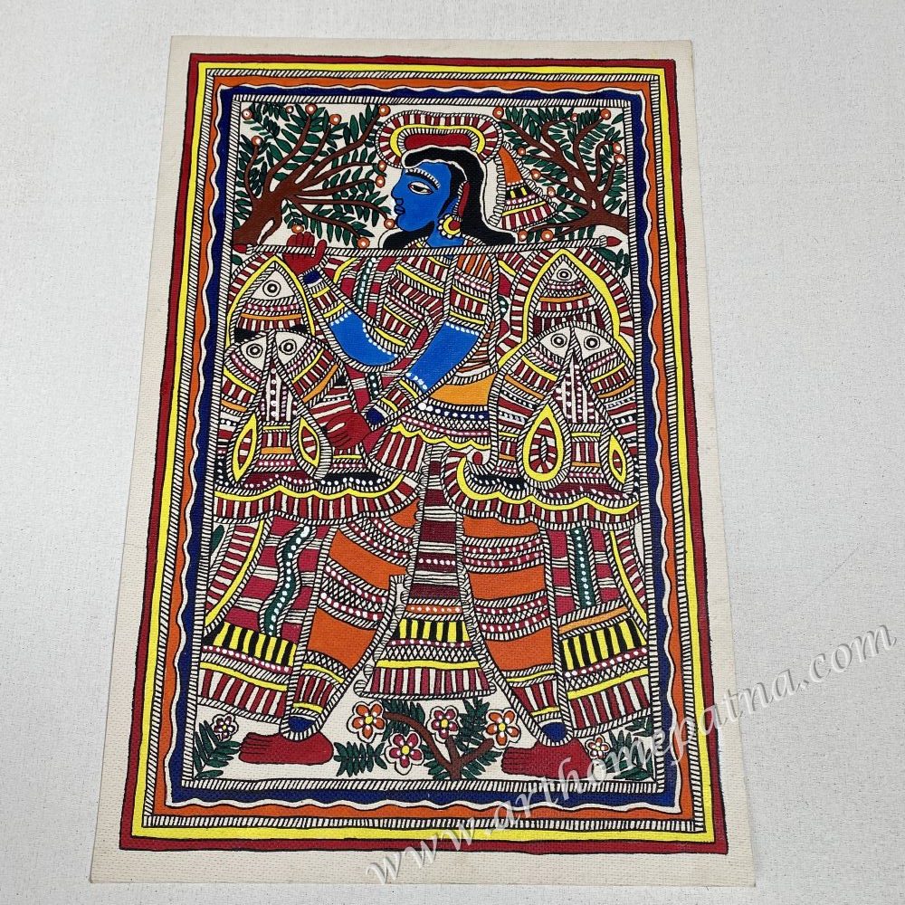 Fisherman Carrying Fish Madhubani Painting | Traditional Mithila Folk Art | 12x18 Inches Village Life Mithila Painting - Image 2
