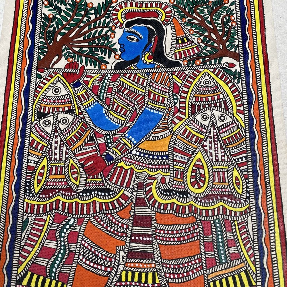 Fisherman Carrying Fish Madhubani Painting | Traditional Mithila Folk Art | 12x18 Inches Village Life Mithila Painting - Image 3