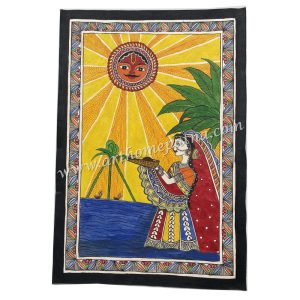Chhath Puja Madhubani painting depicting devotees offering arghya to Surya Dev
