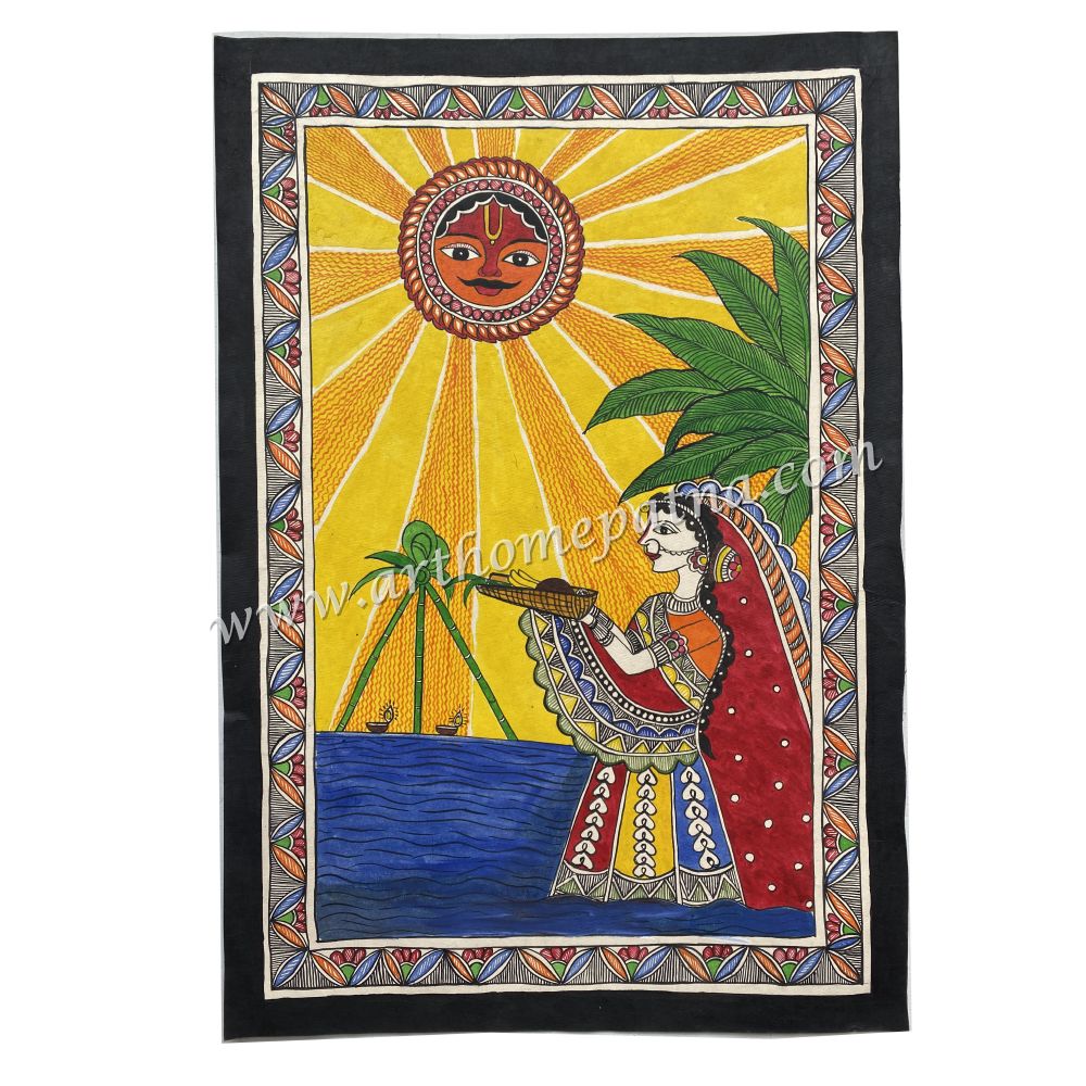 Hand-Painted Chhath Puja Madhubani Painting | Traditional Mithila Folk Art | Surya Dev Madhubani Painting - Image 2