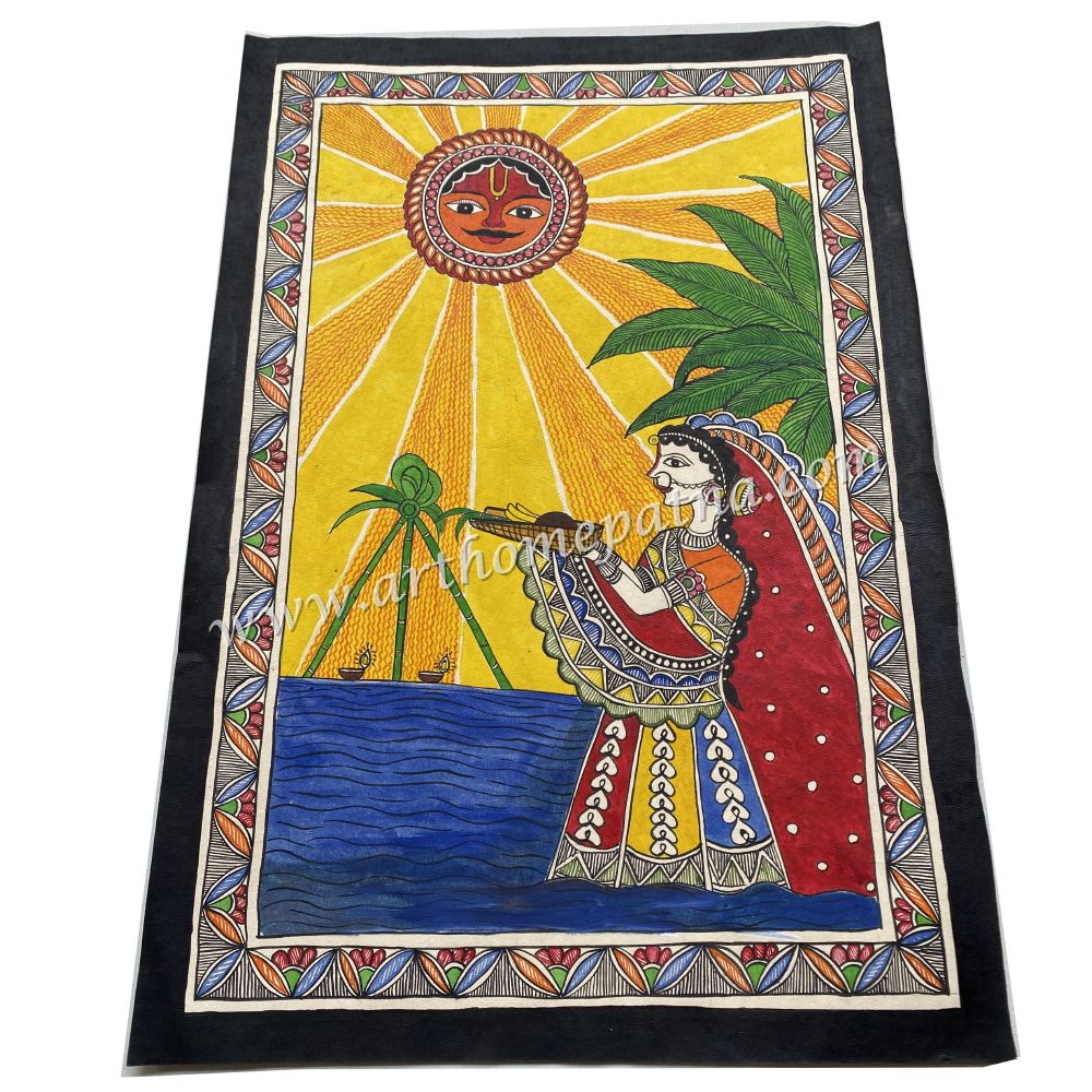 Hand-Painted Chhath Puja Madhubani Painting | Traditional Mithila Folk Art | Surya Dev Madhubani Painting - Image 3