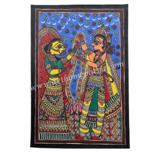 Shri Ram and Sita exchanging Jaymala in a hand-painted Madhubani painting