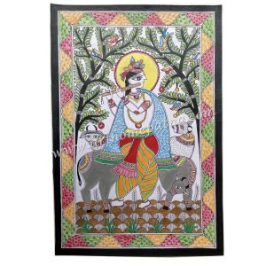 Krishna playing flute with cows in a hand-painted Madhubani painting