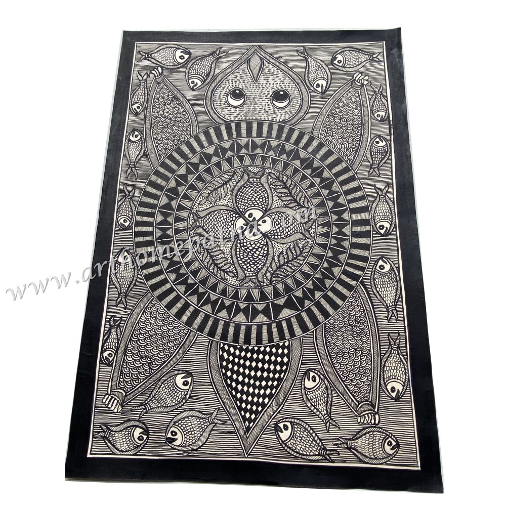 Raas Around Tortoise Madhubani Painting | Hand-Painted Mithila Folk Art | Tortoise and aquatic Raas Madhubani artwork | Black & White Madhubani Painting - Image 2
