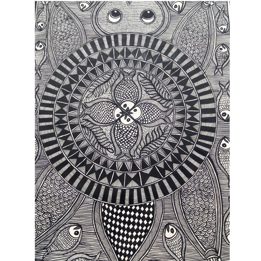 Raas Around Tortoise Madhubani Painting | Hand-Painted Mithila Folk Art | Tortoise and aquatic Raas Madhubani artwork | Black & White Madhubani Painting - Image 3