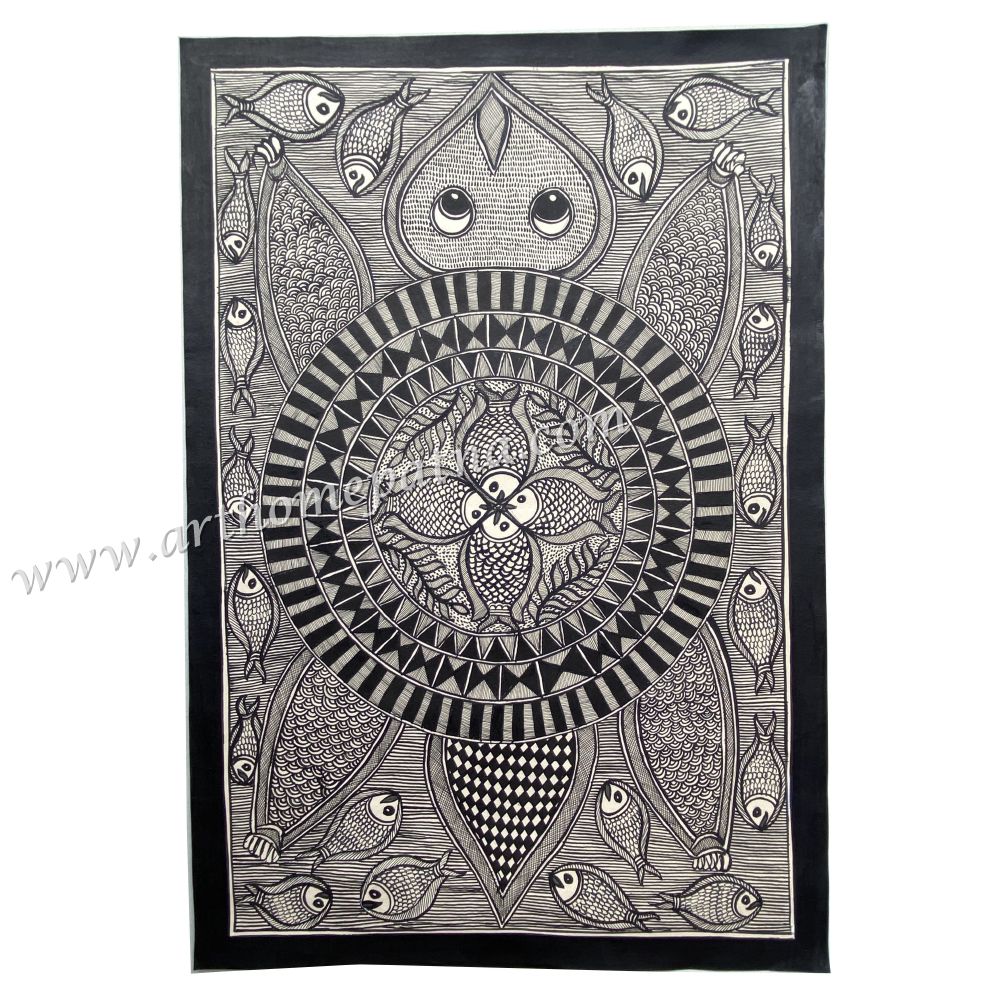 Raas Around Tortoise Madhubani Painting | Hand-Painted Mithila Folk Art | Tortoise and aquatic Raas Madhubani artwork | Black & White Madhubani Painting - Image 4