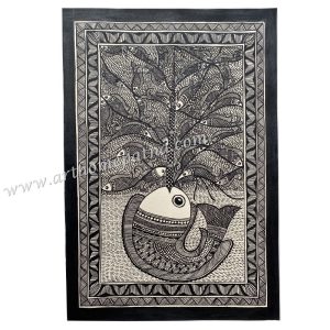 Hand-painted Tree of Life Madhubani painting with traditional Mithila motifs