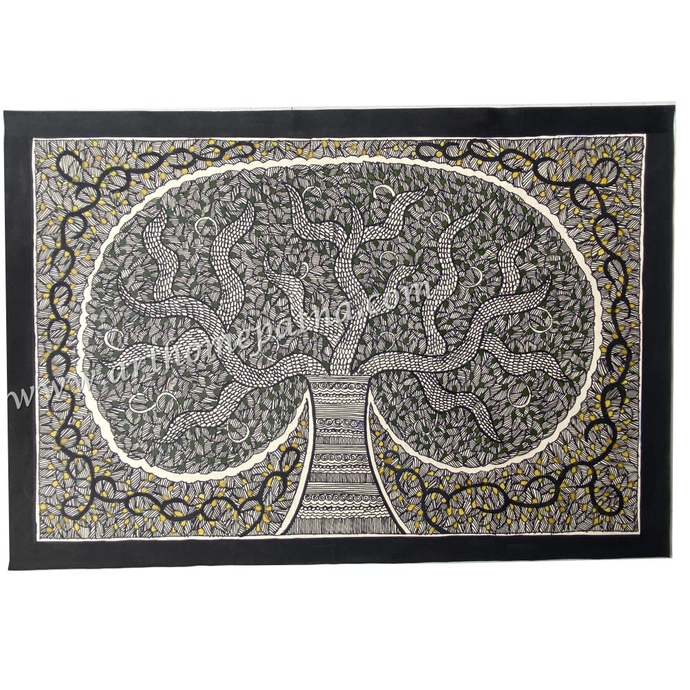 Hand-painted Tree of Life Madhubani painting with traditional Mithila motifs