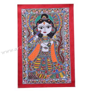 Hand-painted Lord Krishna playing flute Madhubani painting