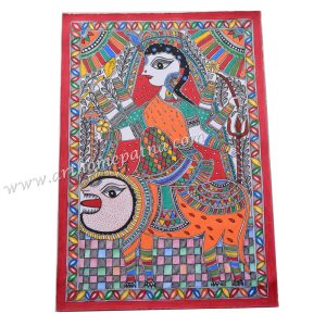 Hand-painted Maa Durga Madhubani painting in traditional Mithila folk-art style