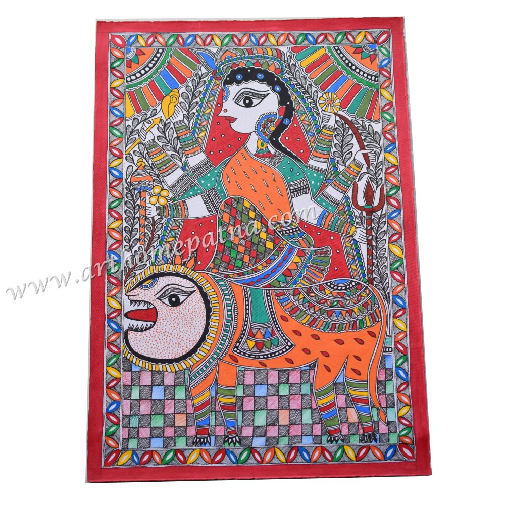 Hand-painted Maa Durga Madhubani painting in traditional Mithila folk-art style