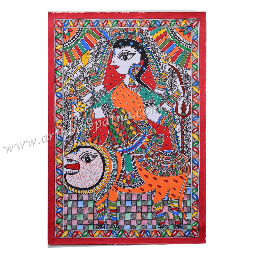 Hand-Painted Durga Ji Madhubani Painting | Traditional Mithila Folk Art | Goddess Durga Mithila Painting | Durga Puja Madhubani Painting - Image 2