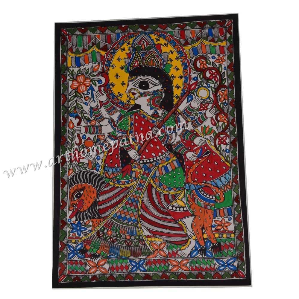 Hand-painted Maa Durga Madhubani painting in traditional Mithila folk-art style