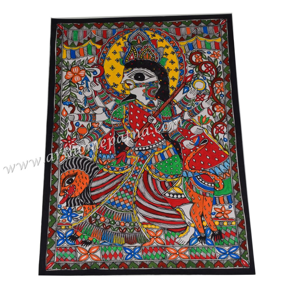 Hand-Painted Durga Ji Madhubani Painting | Traditional Mithila Folk Art | Goddess Durga Mithila Painting | Durga Puja Madhubani Painting - Image 2