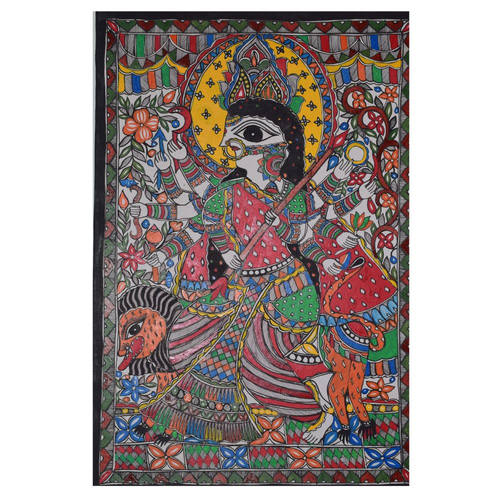 Hand-Painted Durga Ji Madhubani Painting | Traditional Mithila Folk Art | Goddess Durga Mithila Painting | Durga Puja Madhubani Painting - Image 3