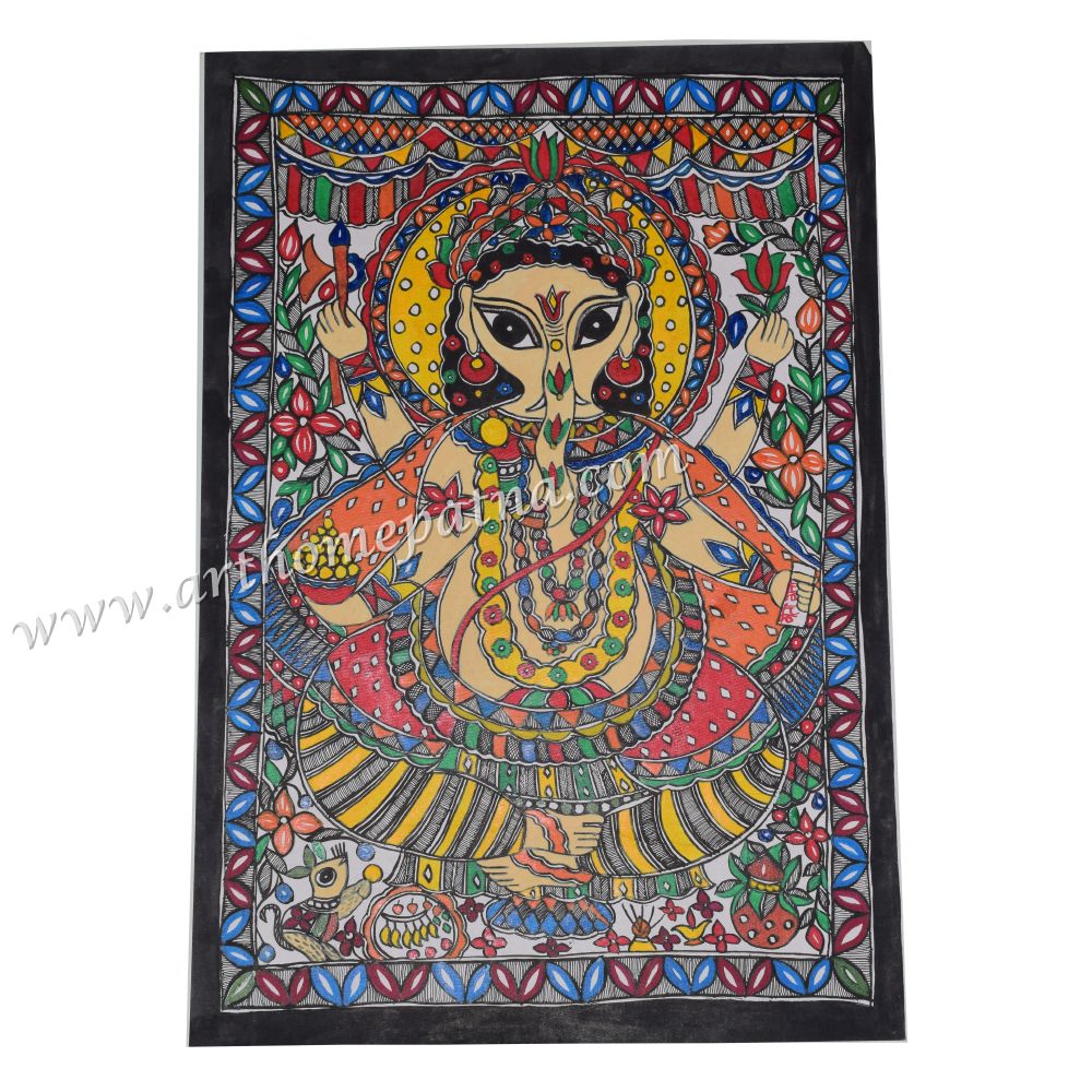 Hand-painted Lord Ganesha Madhubani painting on handmade paper Traditional Mithila painting of Lord Ganesha Handmade Madhubani folk art on handmade paper Spiritual Indian wall art featuring Lord Ganesha Authentic Bihar Madhubani artwork