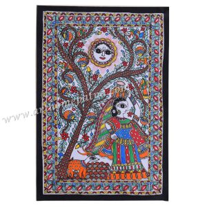Rural woman doing morning household work in Madhubani painting