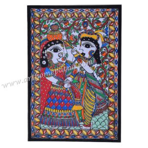 Krishna breaking Radha’s pot Madhubani painting