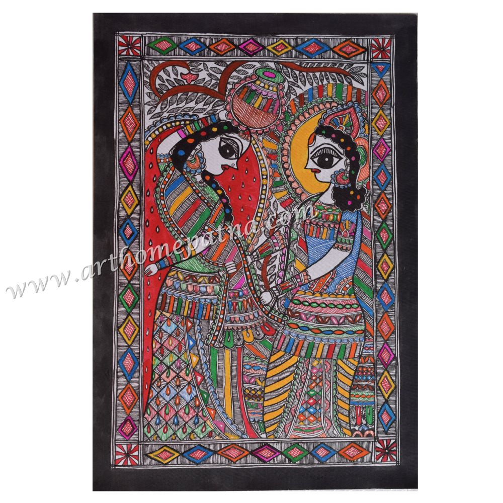 Hand-painted Radha Krishna Madhubani painting