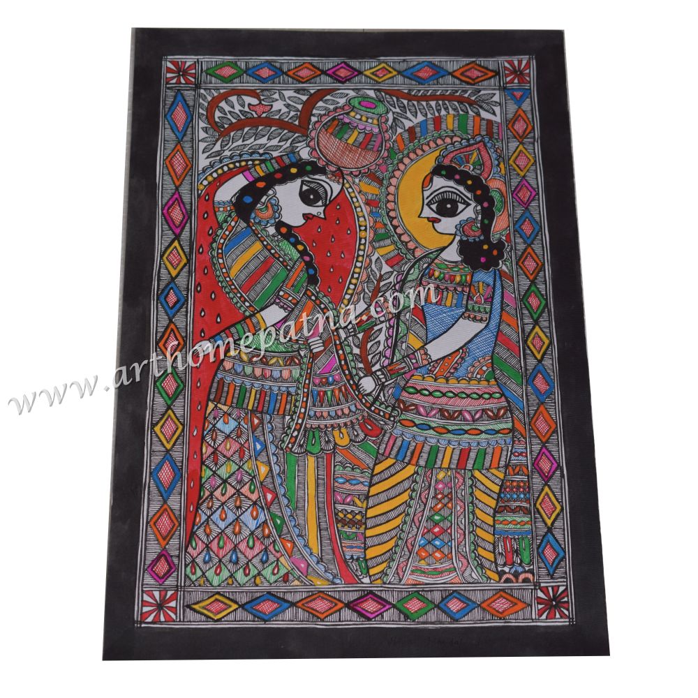 Hand-Painted Radha Krishna Madhubani Painting | Traditional Mithila Folk Art | Krishna Leela Madhubani Painting | Indian Mythological Art - Image 2