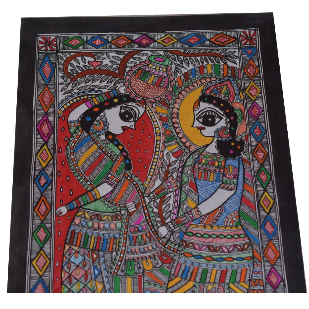 Hand-Painted Radha Krishna Madhubani Painting | Traditional Mithila Folk Art | Krishna Leela Madhubani Painting | Indian Mythological Art - Image 3