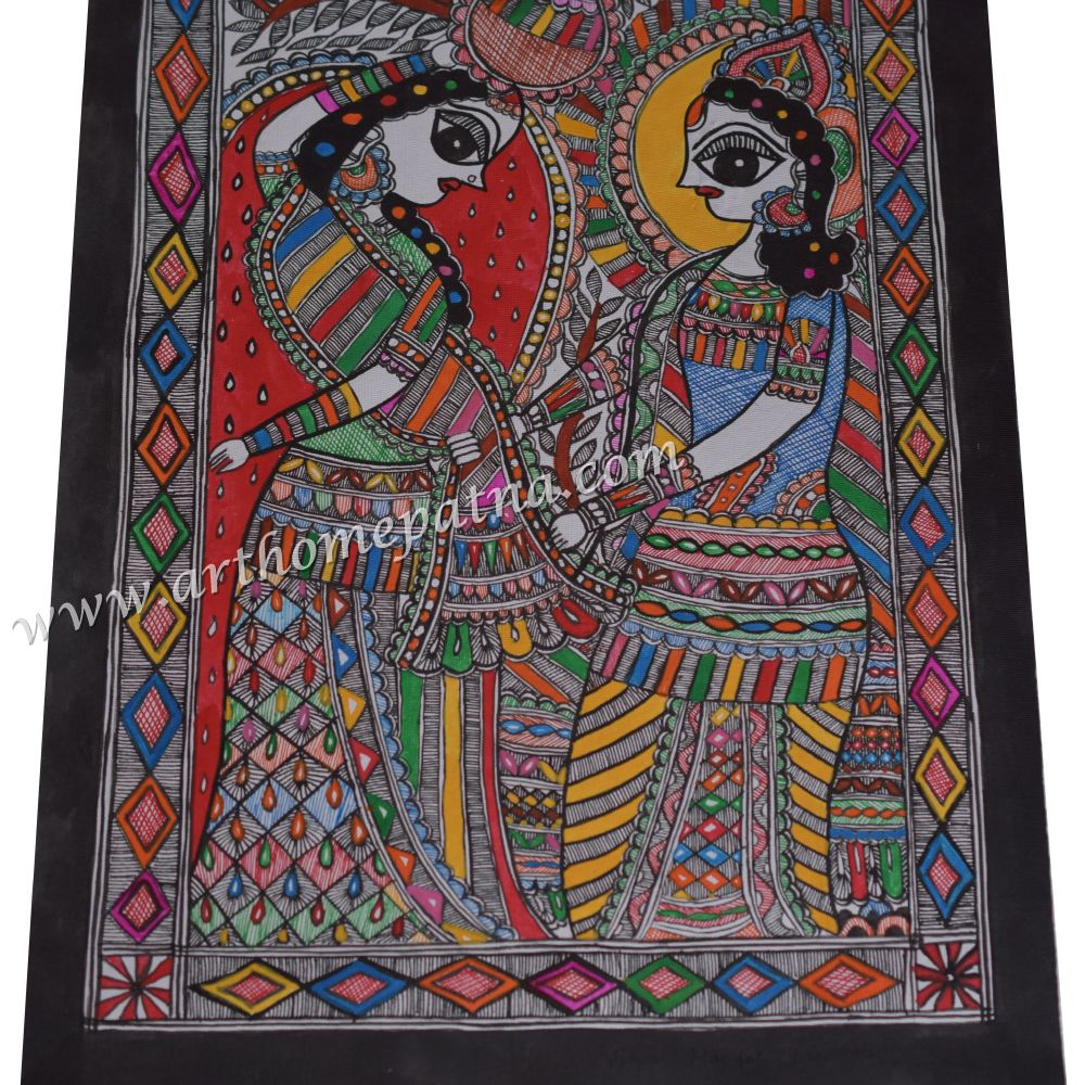 Hand-Painted Radha Krishna Madhubani Painting | Traditional Mithila Folk Art | Krishna Leela Madhubani Painting | Indian Mythological Art - Image 4