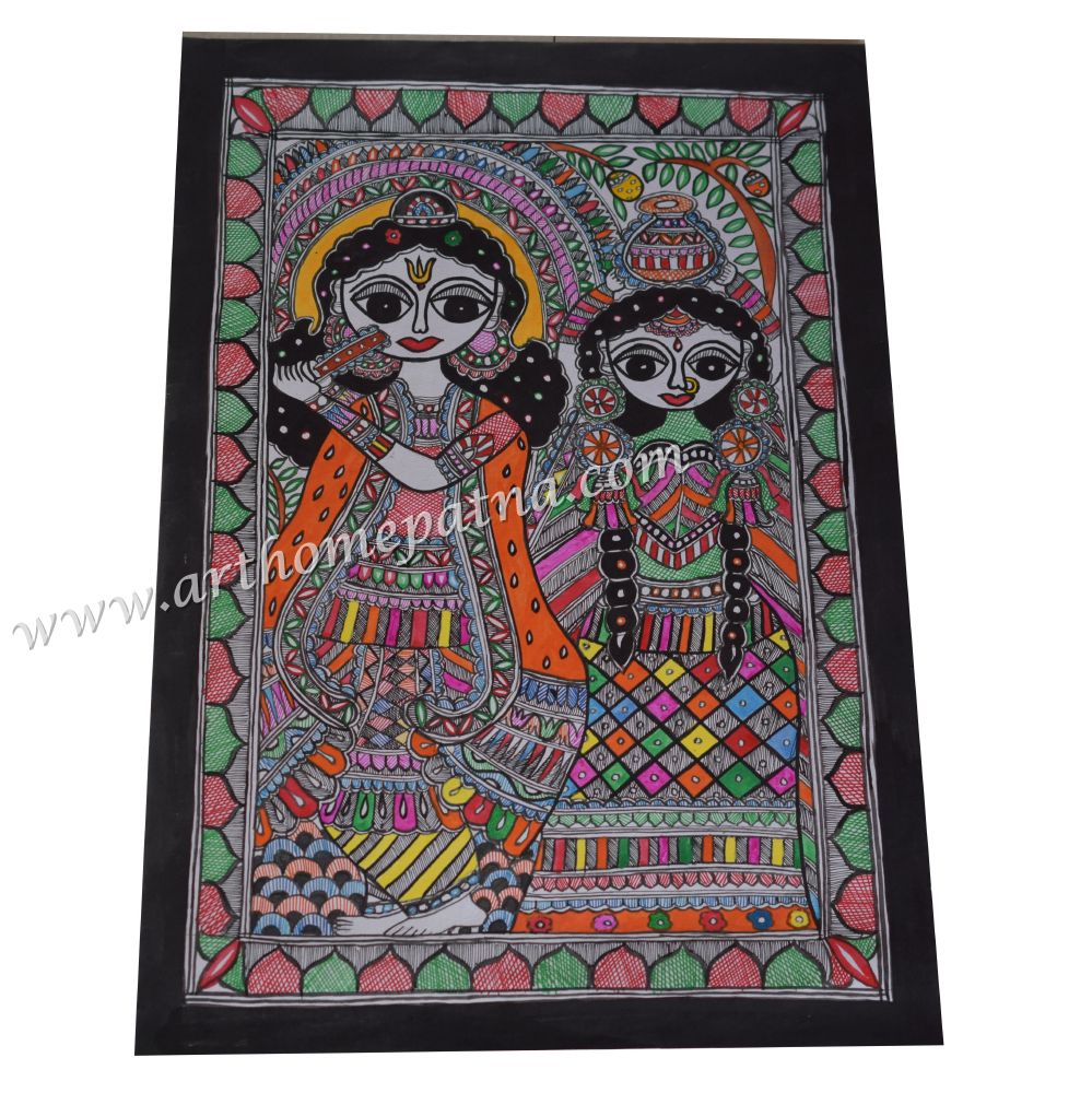 Hand-Painted Radha Krishna Madhubani Painting | Traditional Mithila Folk Art | Krishna Leela Madhubani Painting | Indian Mythological Art - Image 2