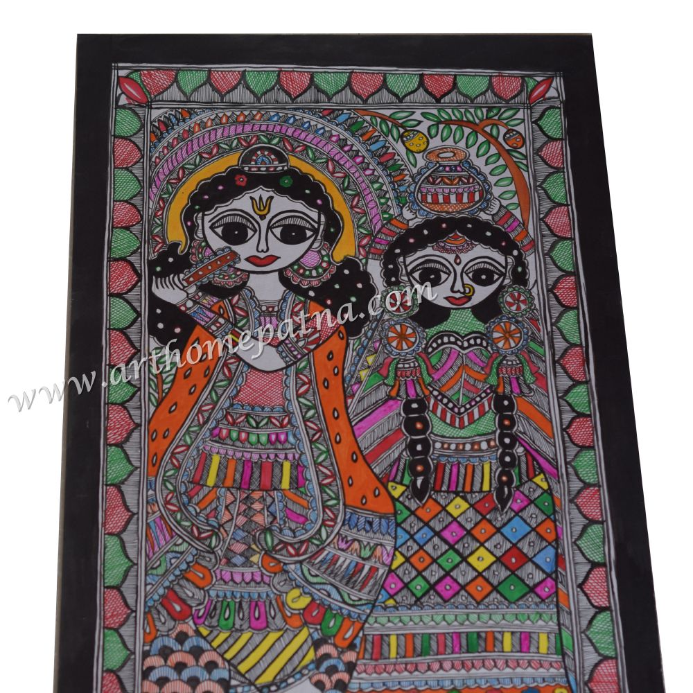 Hand-Painted Radha Krishna Madhubani Painting | Traditional Mithila Folk Art | Krishna Leela Madhubani Painting | Indian Mythological Art - Image 3
