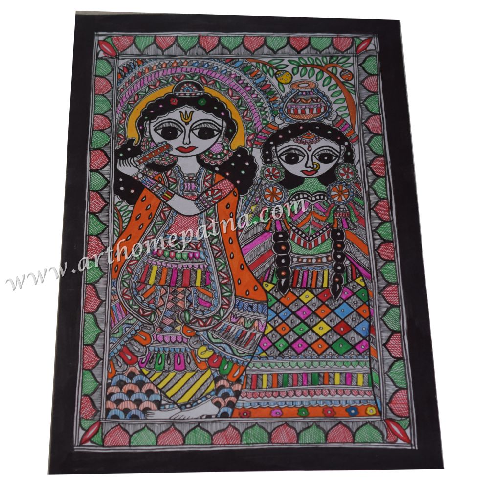 Hand-Painted Radha Krishna Madhubani Painting | Traditional Mithila Folk Art | Krishna Leela Madhubani Painting | Indian Mythological Art - Image 4