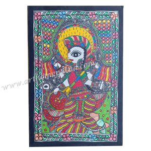 Hand-painted Goddess Saraswati with veena in Madhubani style